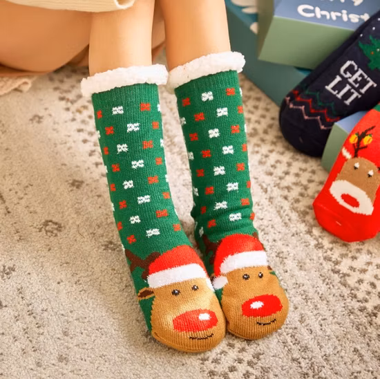 Nordic Holiday Christmas Xmas Snowflake Fuzzy Fluffy Plush Sherpa Fleece Lined Cozy Anti Skid Slipper Socks with Grippers