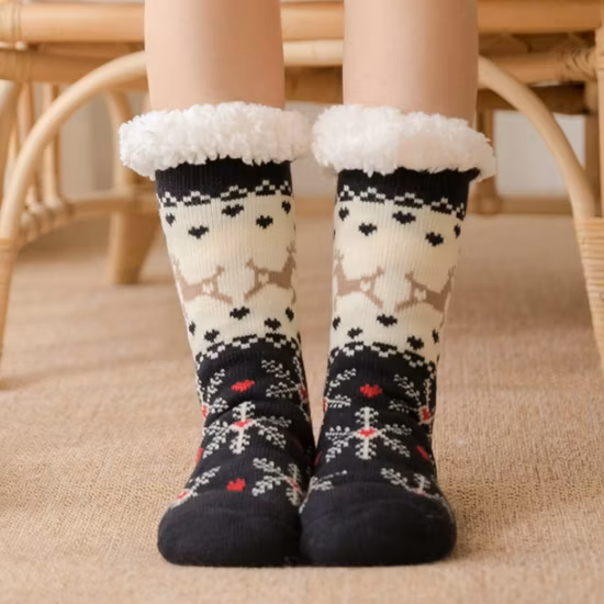 Nordic Holiday Christmas Xmas Snowflake Fuzzy Fluffy Plush Sherpa Fleece Lined Cozy Anti Skid Slipper Socks with Grippers